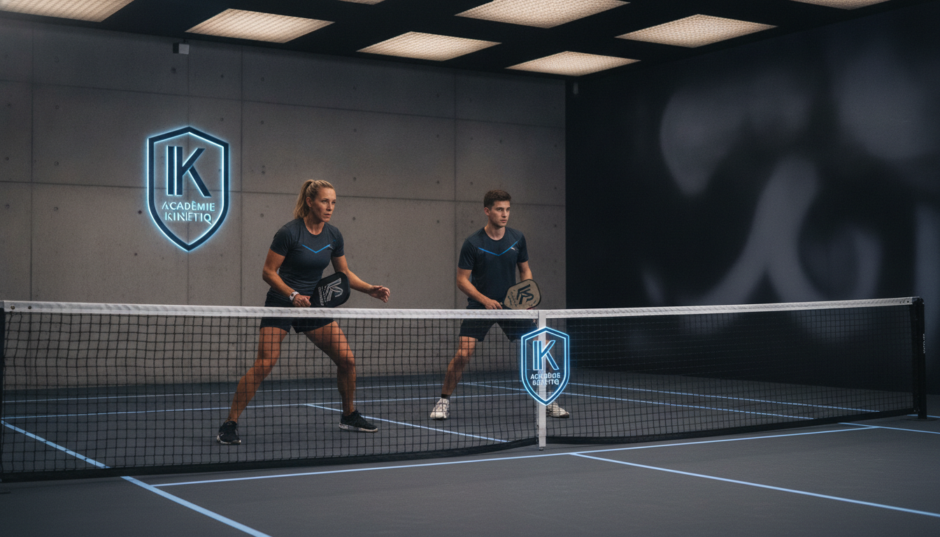 Professional pickleball player hitting a powerful shot at Akademi Kinetiq