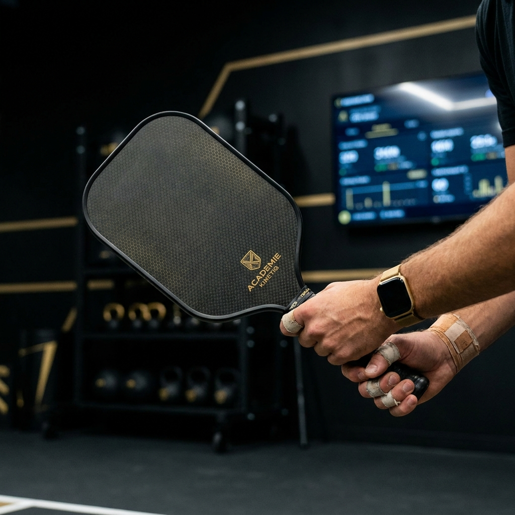 Close-up of an athlete gripping an Akademi Kinetiq pickleball paddle